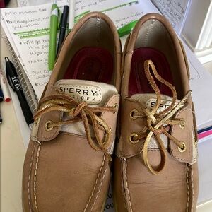 Sperry Tan and Gold Boat Shoes with Moccasin-Style Design
